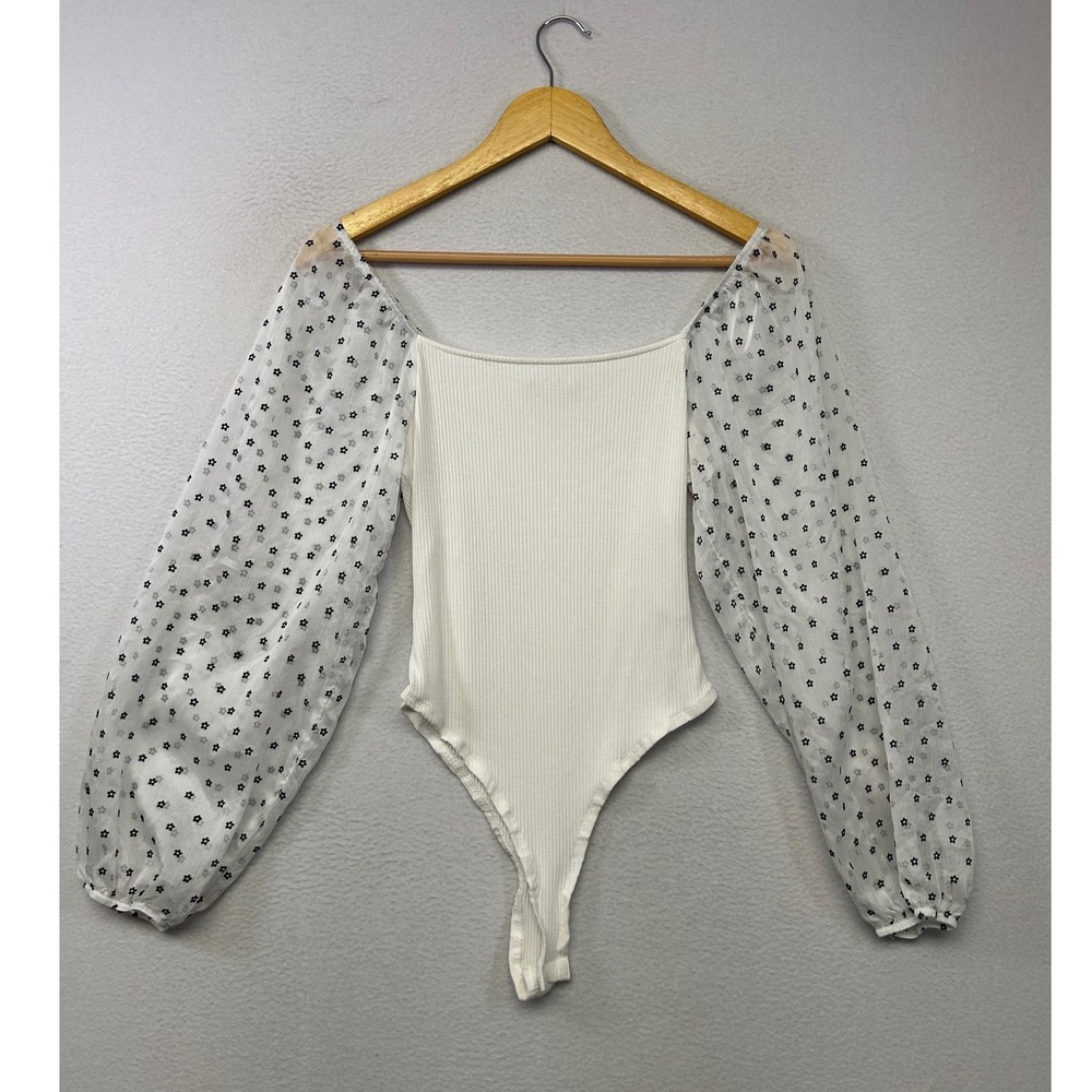Cottagecore Altar'd State Womens Medium White Floral Sheer Puff Sleeve Bodysuit